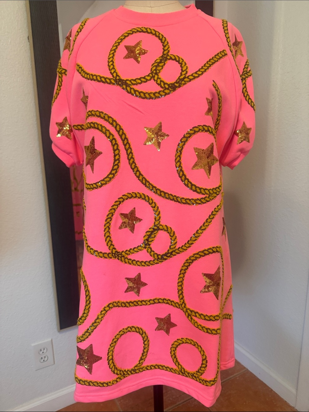 QUEEN OF SPARKLES Hot Pink Mini Dress with Gold Star & Rope Embellishments